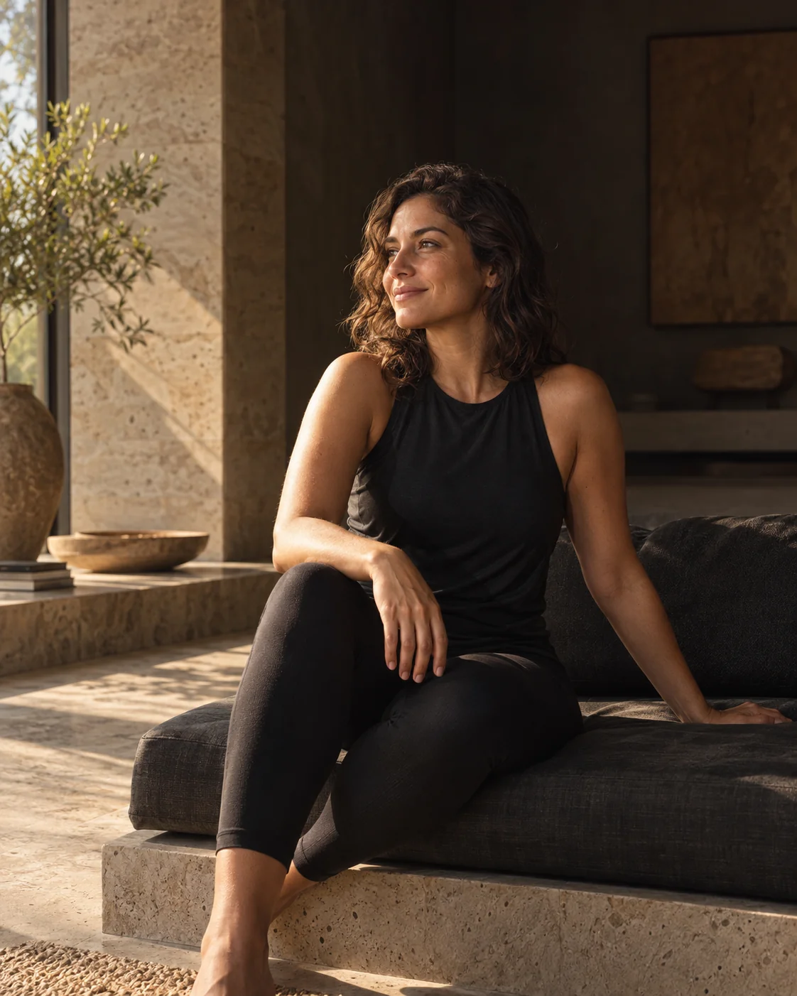 Imagem editorial de uma mulher em um momento tranquilo, com luz natural
